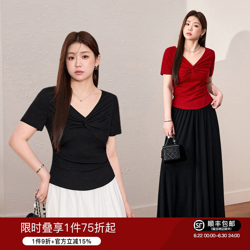 蓝语大码女装气质扭结v领莱赛尔T恤2026夏巨显瘦遮肉短袖正肩上衣 - 实物图