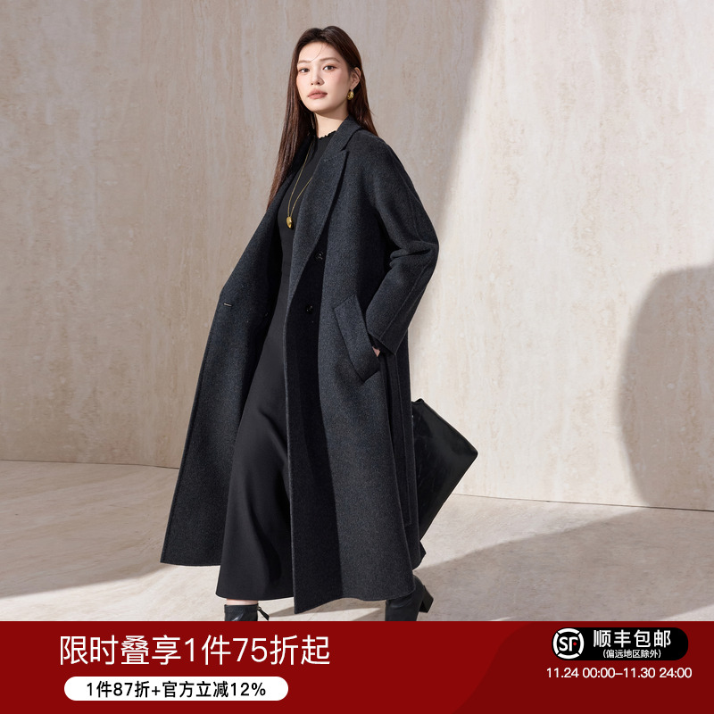 蓝语长款山羊绒双排扣双面呢大衣