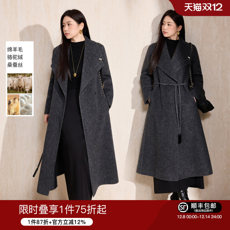 蓝语骆驼绒大翻领长款双面呢大衣