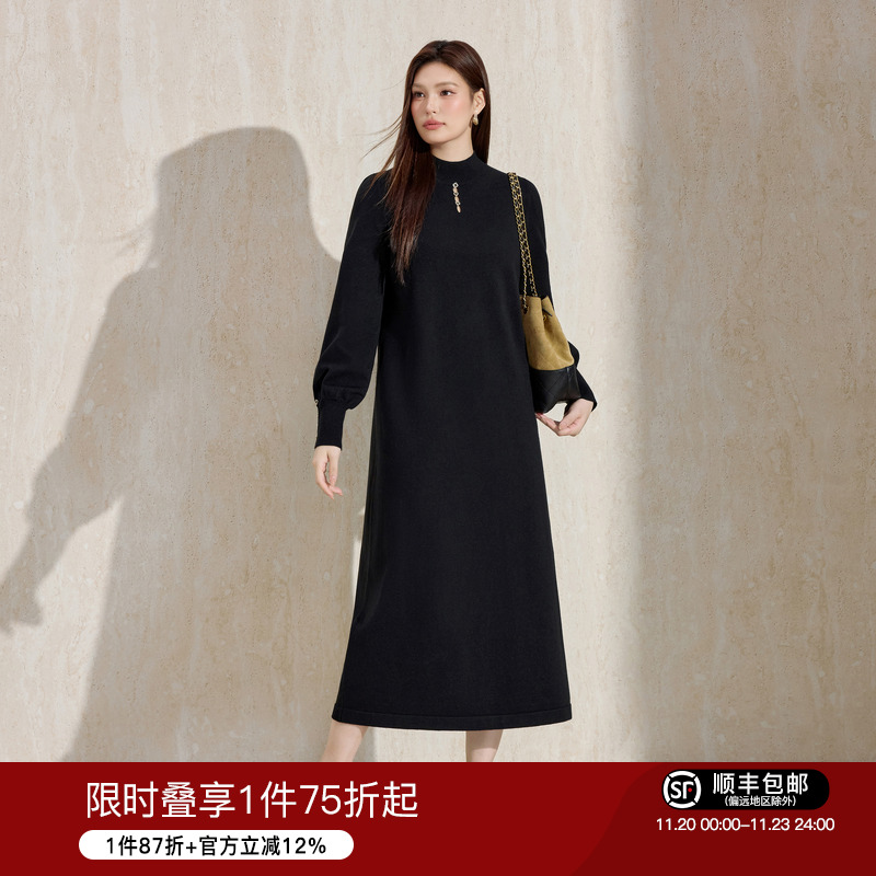 蓝语黑色气质镂空半高领连衣裙