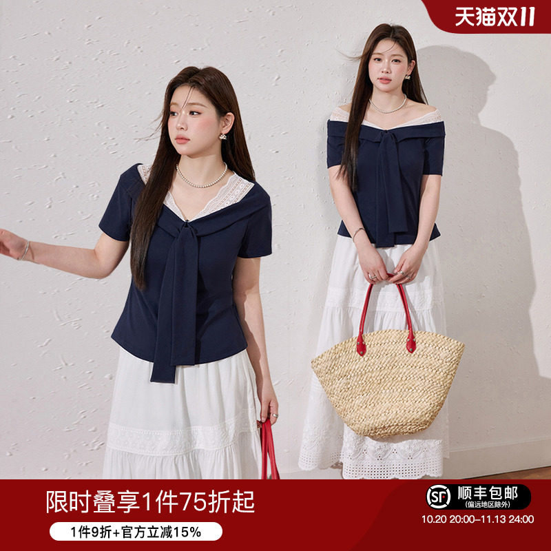 蓝语大码女装学院风减龄蕾丝拼接T恤夏季新款巨显瘦百搭短袖上衣