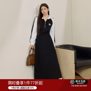 蓝语大码 胖mm收腰显瘦黑色连衣裙 女装 气质休闲撞色连帽卫衣裙秋季
