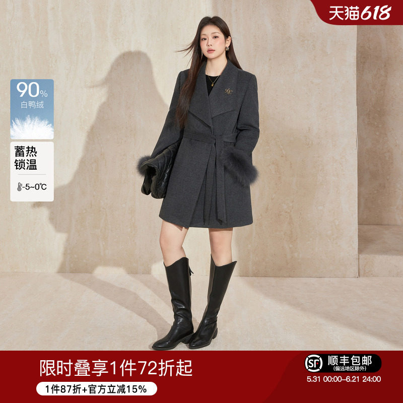 蓝语大码狐狸毛高端气质收腰呢子大衣女冬中长款显瘦羽绒服外套