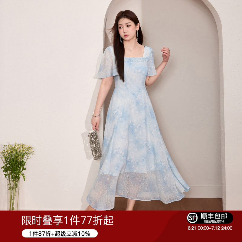 蓝语大码女装优雅绝美方领蓝色碎花裙夏季新款掐腰遮肉a字连衣裙