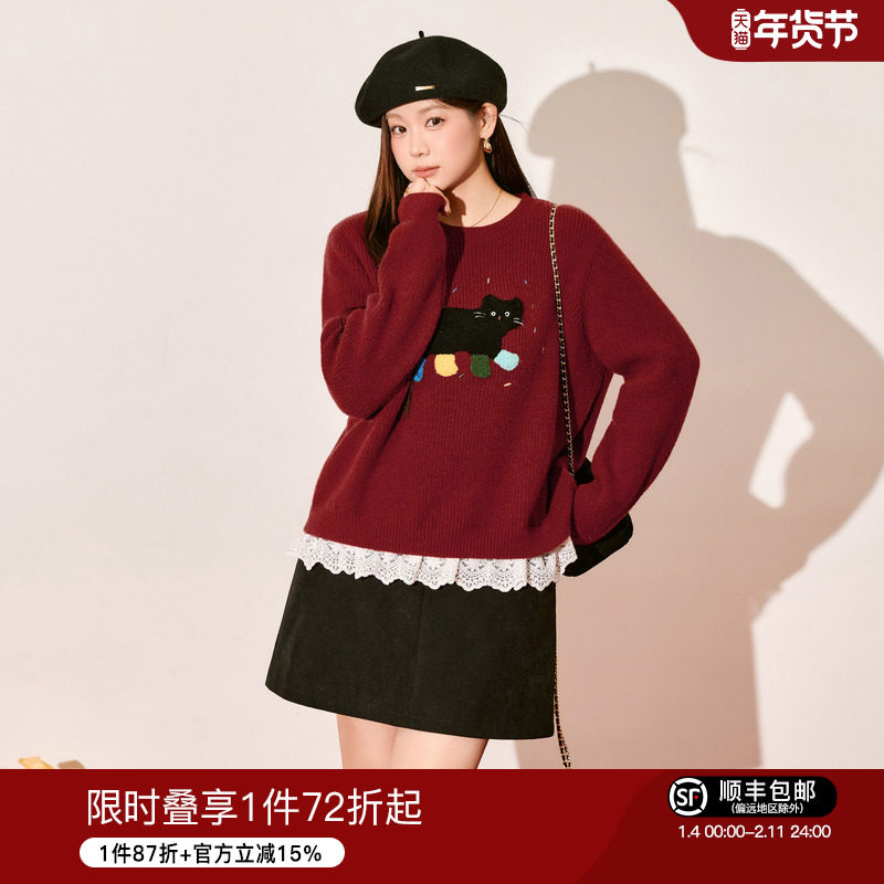 蓝语大码小猫刺绣红色毛衣女冬季宽松显瘦软糯针织衫保暖内搭上衣,女装/女士精品,大码内搭,淘宝优惠券,粉丝福利购,淘宝优惠卷