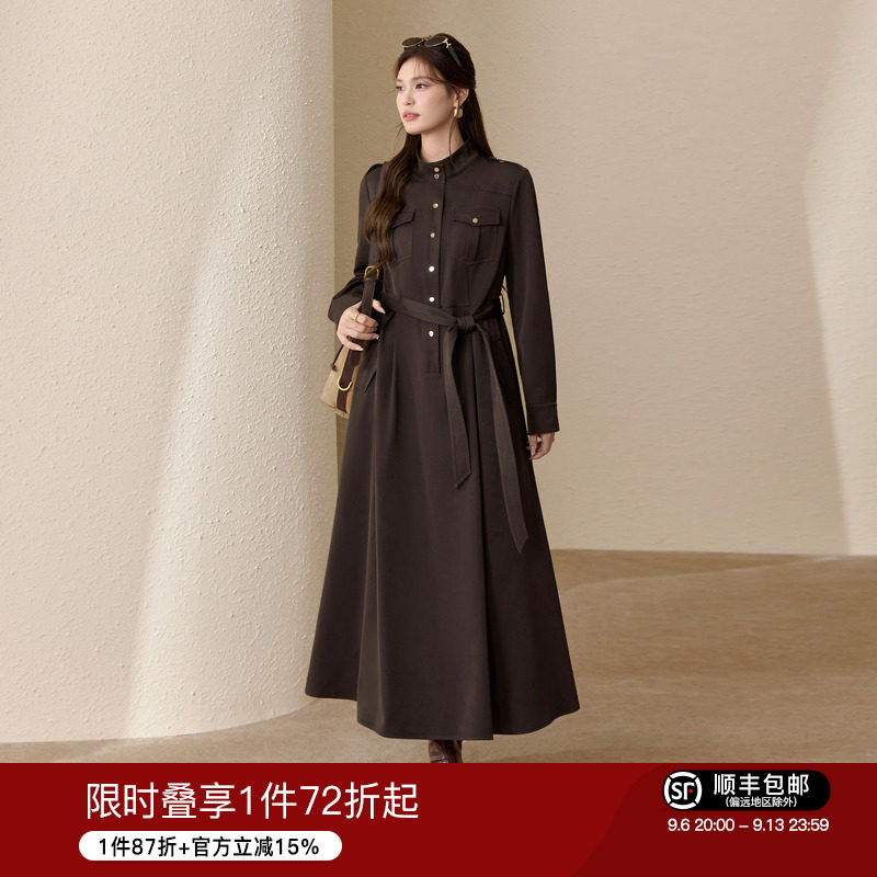 美拉德工装风立领收腰系带连衣裙图片
