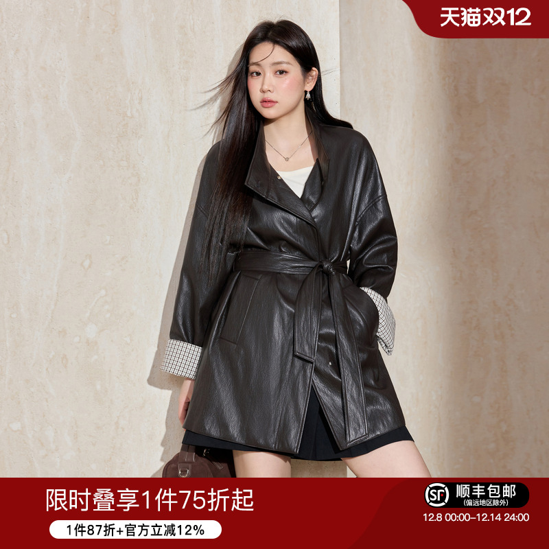 蓝语黑色翻领褶皱肌理感PU皮皮衣