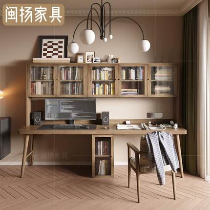 实木双人书桌书柜一体家用原木长条桌工作台书房靠墙学习电脑桌子