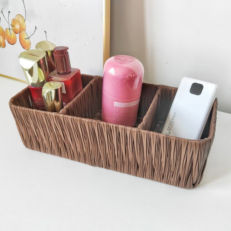 新款分格收纳箱家用cd文具遥控器藤编收纳筐桌面收纳盒塑料篮子