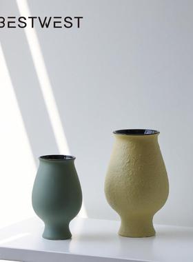 Bestwest黄色磨砂釉大肚陶瓷花瓶摆件新中式家居客厅花器陶罐