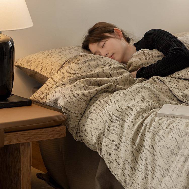 北欧复古全棉针刺子提花网目四件套几何线条中性人字纹床笠款套件
