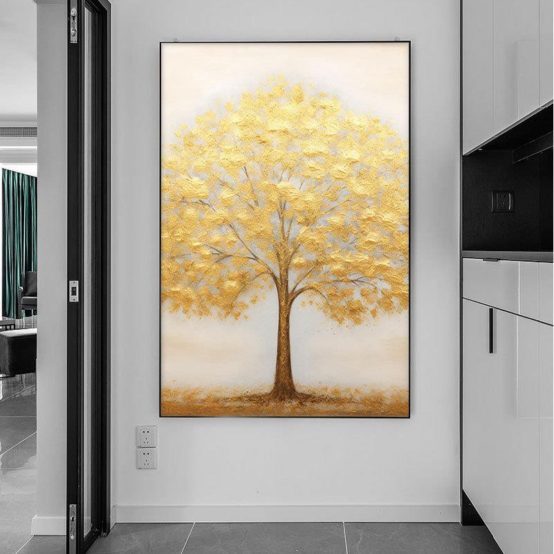 纯手绘发财树油画现代简约高级感玄关餐厅客厅装饰画肌理挂画