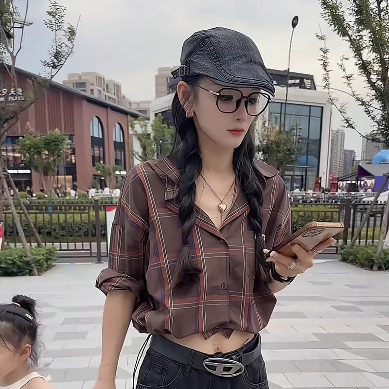 欧货高端复古棕色翻领早秋衬衫女