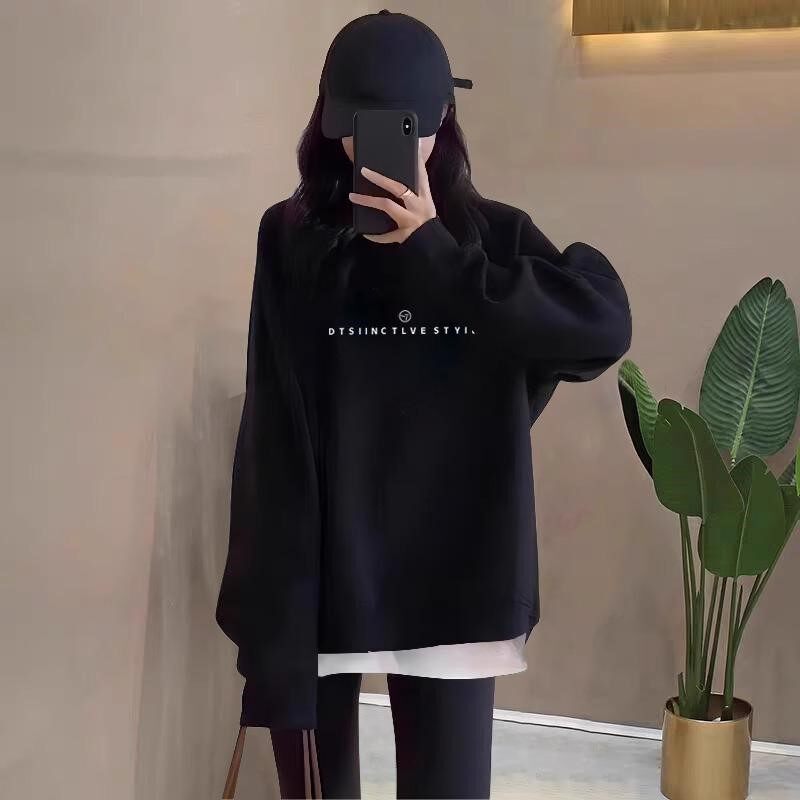 假两件圆领卫衣女2024秋冬季新款韩版宽松中长款加绒加厚套头上衣