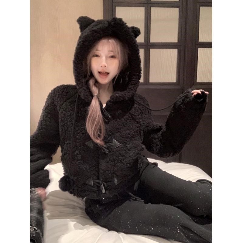 复古黑色连帽长袖羊羔毛外套女秋