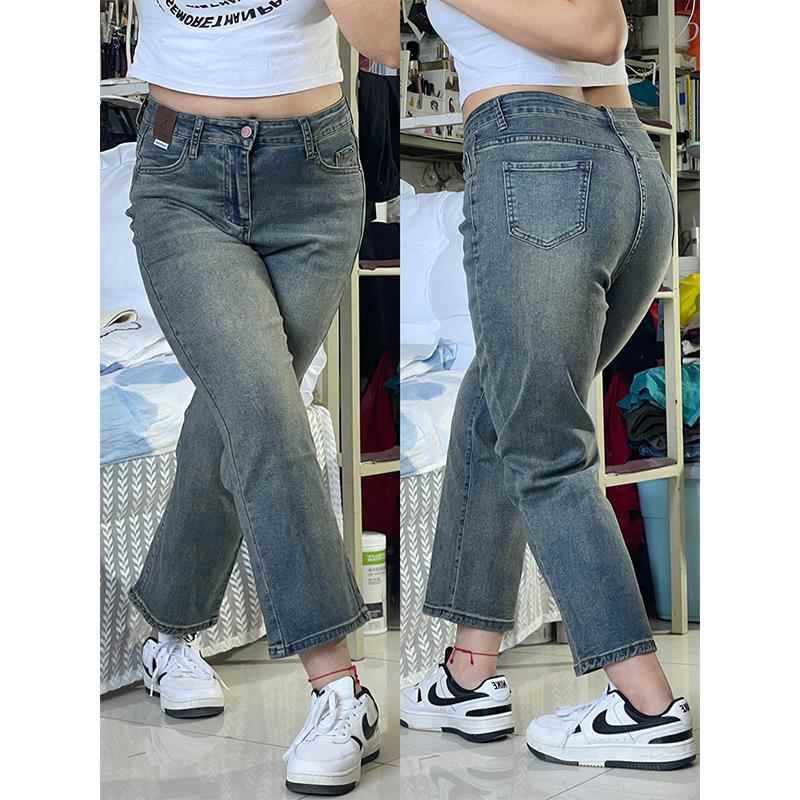 300斤大码女装复古直筒牛仔裤女