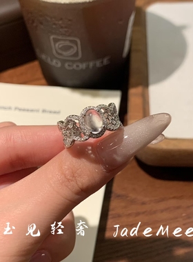 天然水沫玉白冰戒指s925银时尚百搭蕾丝宽版设计高级精致送礼物