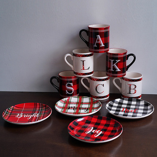欧洲英伦红白格子陶瓷8寸餐盘西餐盘 牛排盘 家用菜盘大号马克杯
