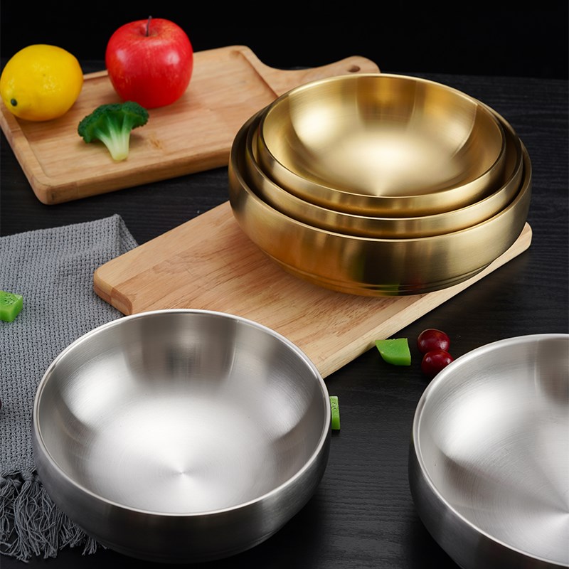 韩式不锈钢双层冷面碗拌饭碗米饭碗螺丝粉拉面碗泡面碗大汤碗金色