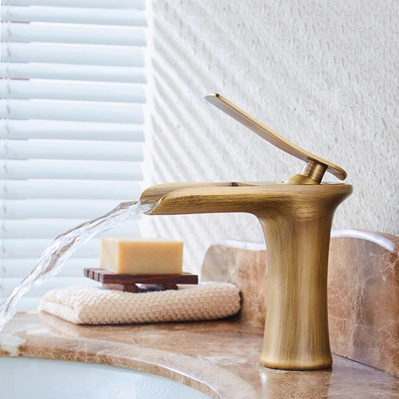 金色瀑布水龙头全铜洗手盆洗脸盆水龙头卫生间水龙头台上面盆冷热