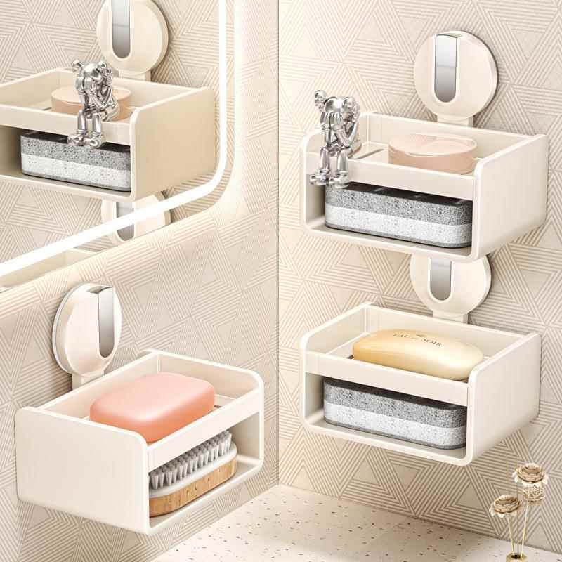 吸盘肥皂盒壁挂式免打孔家用卫生间墙上沥水置物架双层香皂盒白色