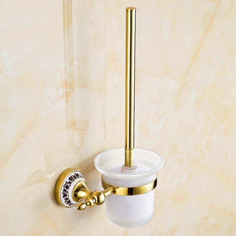 青花瓷免打孔金色马桶刷架套装卫生间壁挂式不锈钢清洁洗厕所刷子