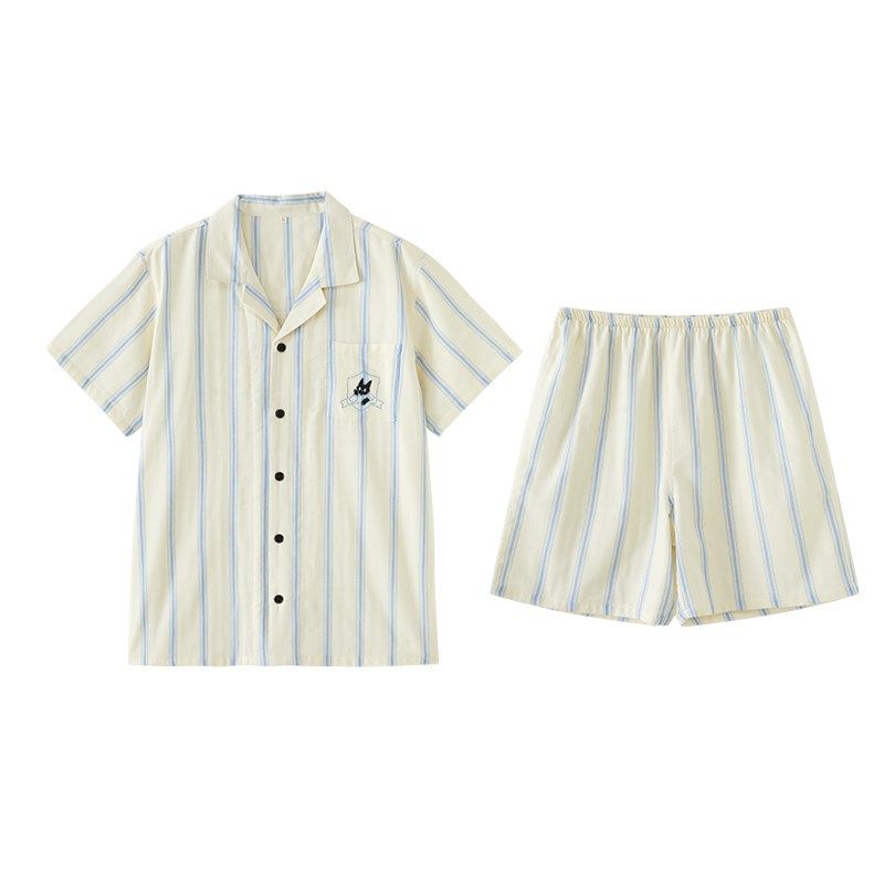 A类纯棉纱布h薄款简约条纹短袖短裤男女情侣可外穿家居服夏天,女士内衣/男士内衣/家居服,睡衣/家居服套装,淘宝优惠券,粉丝福利购,淘宝优惠卷