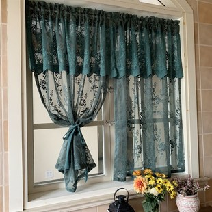 美式窗纱帘飘窗成品窗帘阳u台田园复古免打孔韩式碎花墨绿色魔术