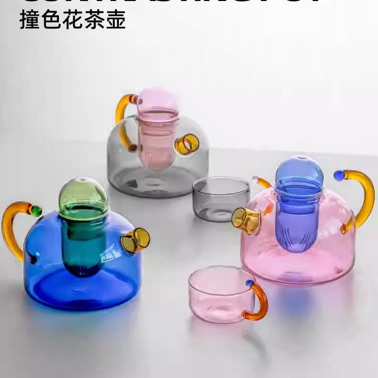 创意撞色耐高温玻璃茶水分离过滤小泡茶壶家用电陶炉围炉煮茶壶器