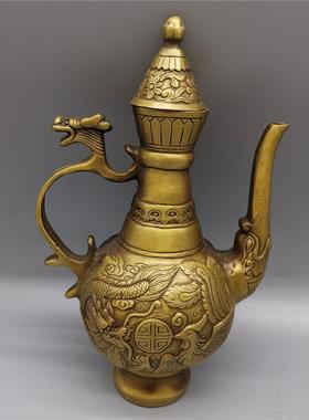 仿古做旧 黄铜器工艺品龙凤吉祥酒壶摆件家居铜器摆件
