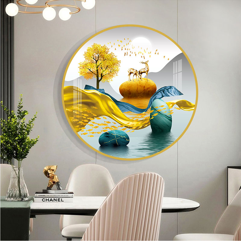 轻奢客厅装饰画北欧麋鹿沙发背景墙圆形创意壁画大气玄关餐厅挂画图片