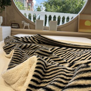 舒适兔兔绒黑色条纹毛毯泰迪绒午休毯盖毯秋冬加厚毯子卧室沙发