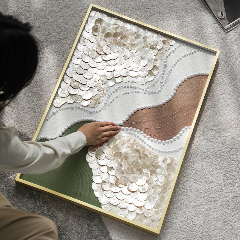 手绘艺术油画欧式珍珠贝壳装饰画客厅背景墙三联挂画家居壁饰图片