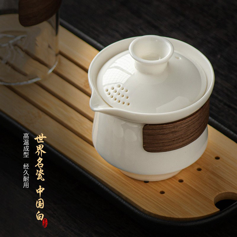 羊脂玉瓷防烫手盖碗茶杯单个大号泡茶碗带过滤高档功夫茶具手抓壶