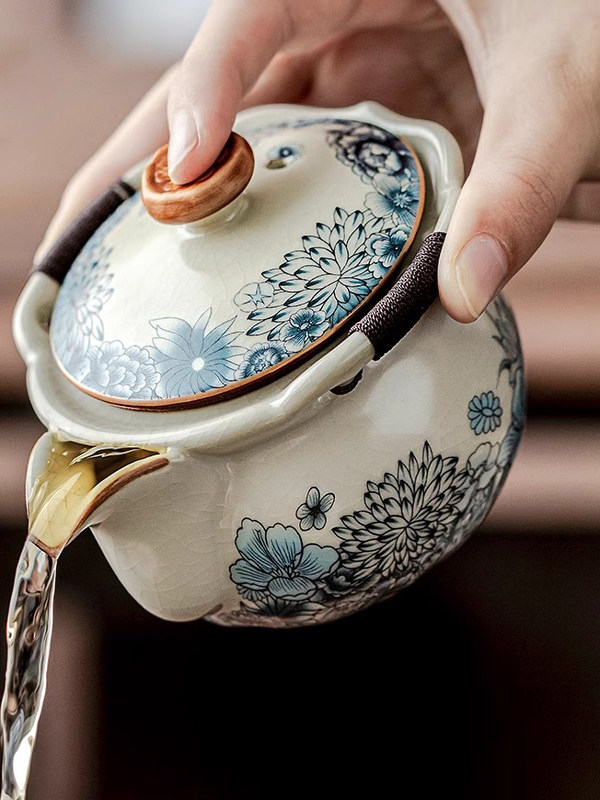 青花汝窑手抓壶盖碗茶杯单把高档茶壶防烫有盖茶碗家用功夫茶具
