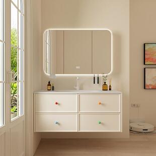 洗漱台奶油风多巴胺卫生间浴室柜组合陶瓷一体盆洗手池