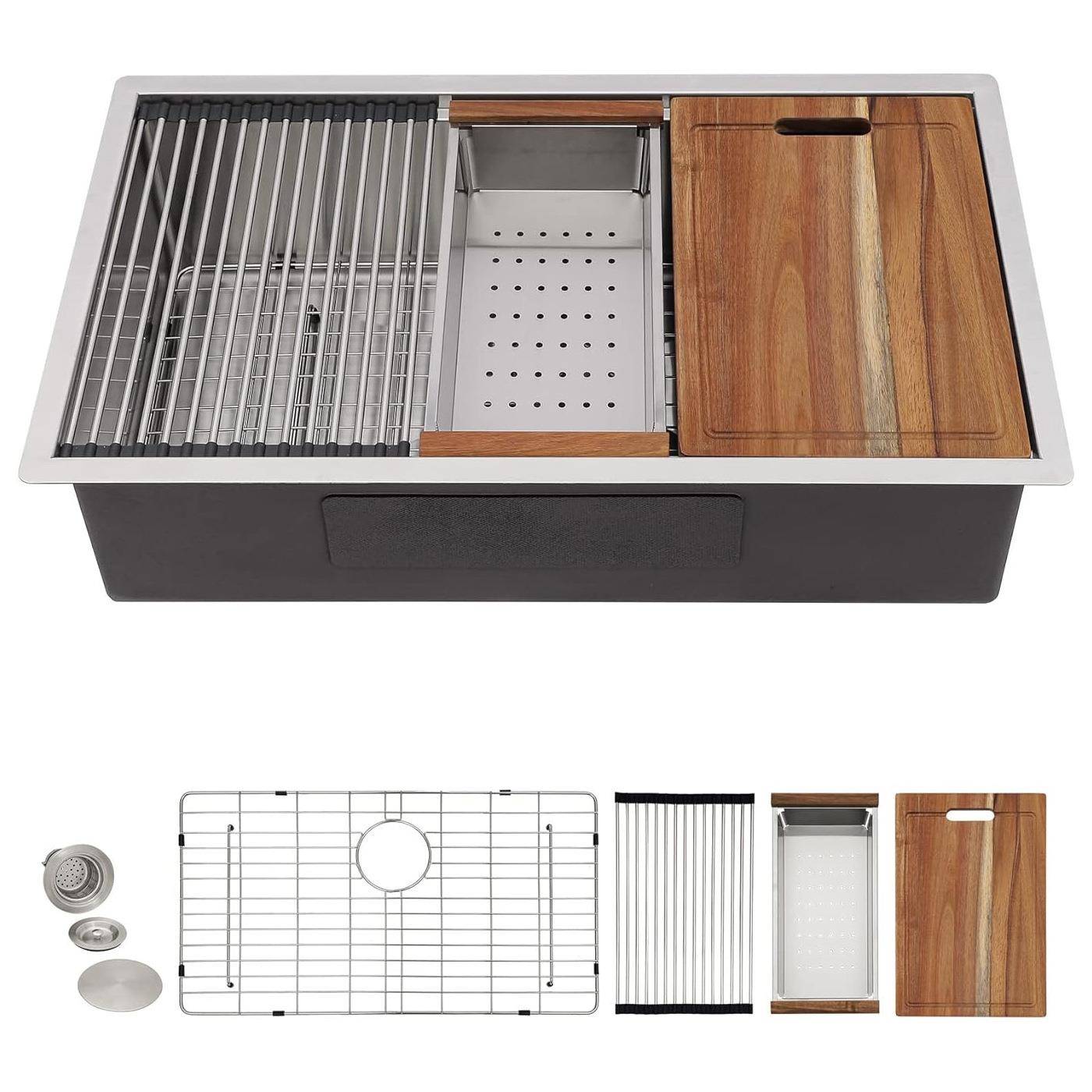 拉丝银304不锈钢水槽大单槽厨房美式特厚洗菜池洗槽