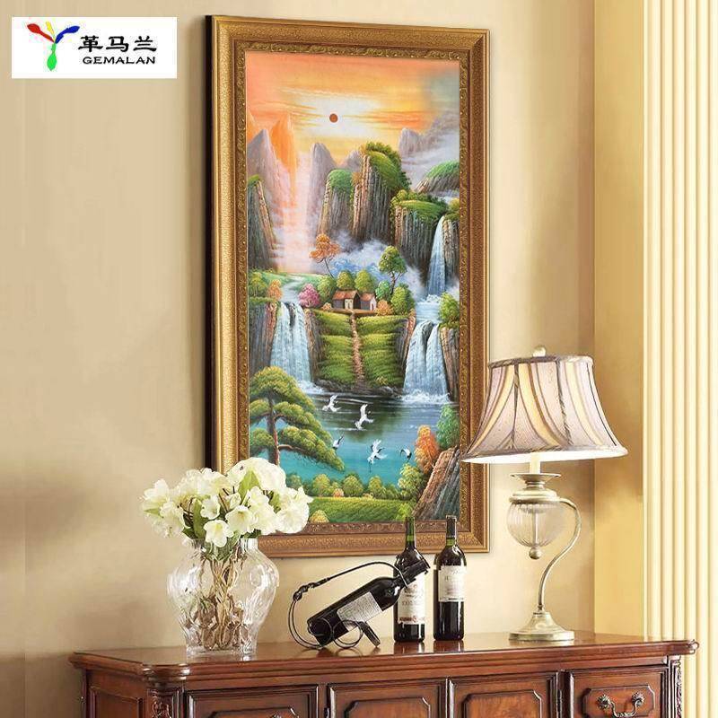 聚宝盆玄关装饰画走廊竖版壁画山水风景仿真客厅风水挂画欧式油画