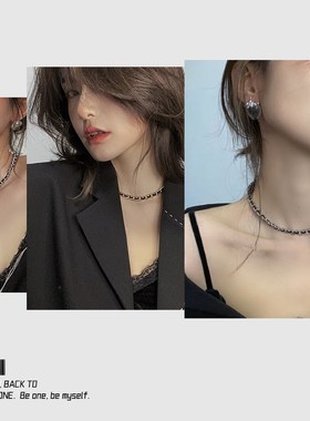 黑色皮绳项圈颈链网红潮酷项链女小众设计感不掉色高级龙骨锁骨链