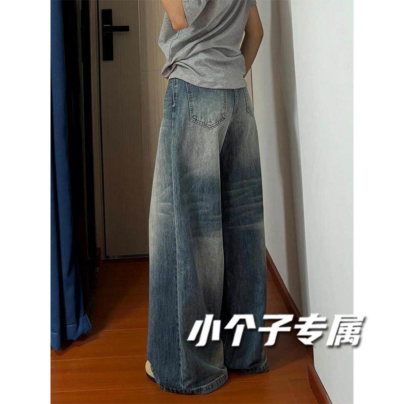 小个子复古水洗直筒牛仔裤女款夏薄款裤子高腰宽松显瘦辣妹阔腿裤