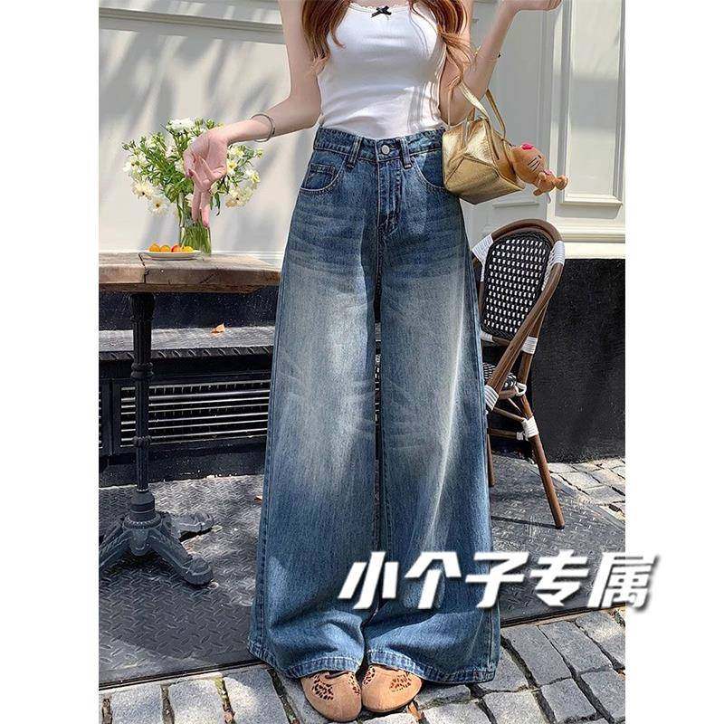 小个子美式复古阔腿牛仔裤女款裤子夏2025超火高腰直筒不贴腿长裤