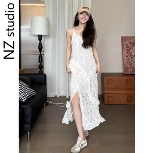 法式白色蕾丝吊带连衣裙女早秋不规则开叉气质收腰叠穿内搭长裙子