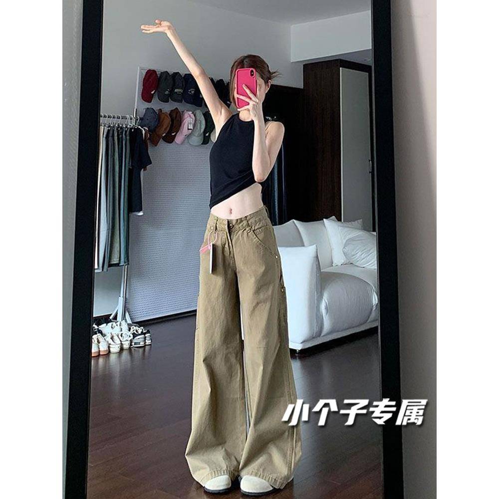 小个子复古卡其色工装裤女士春秋裤子微喇不贴腿牛仔裤直筒休闲裤