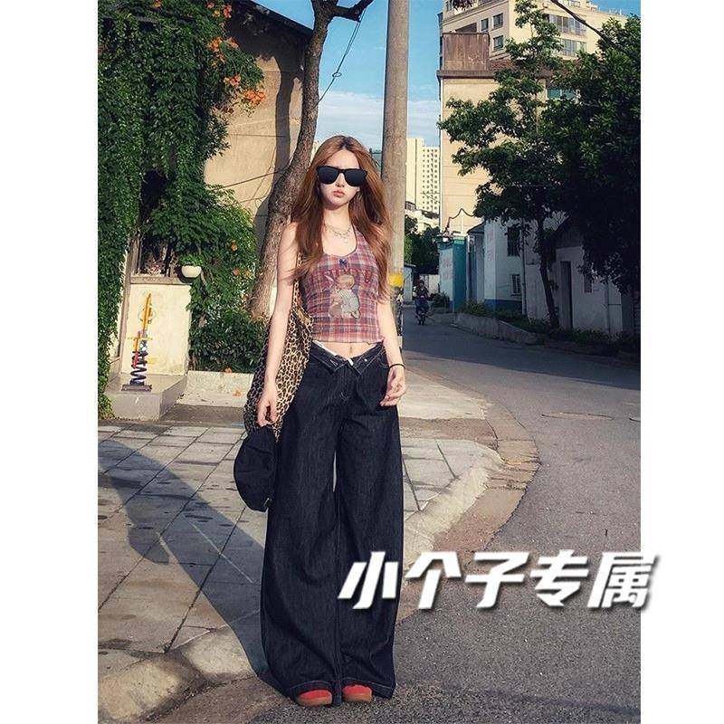 小个子美式复古深蓝色牛仔裤女款丹宁裤子夏季薄款高腰阔腿直筒裤