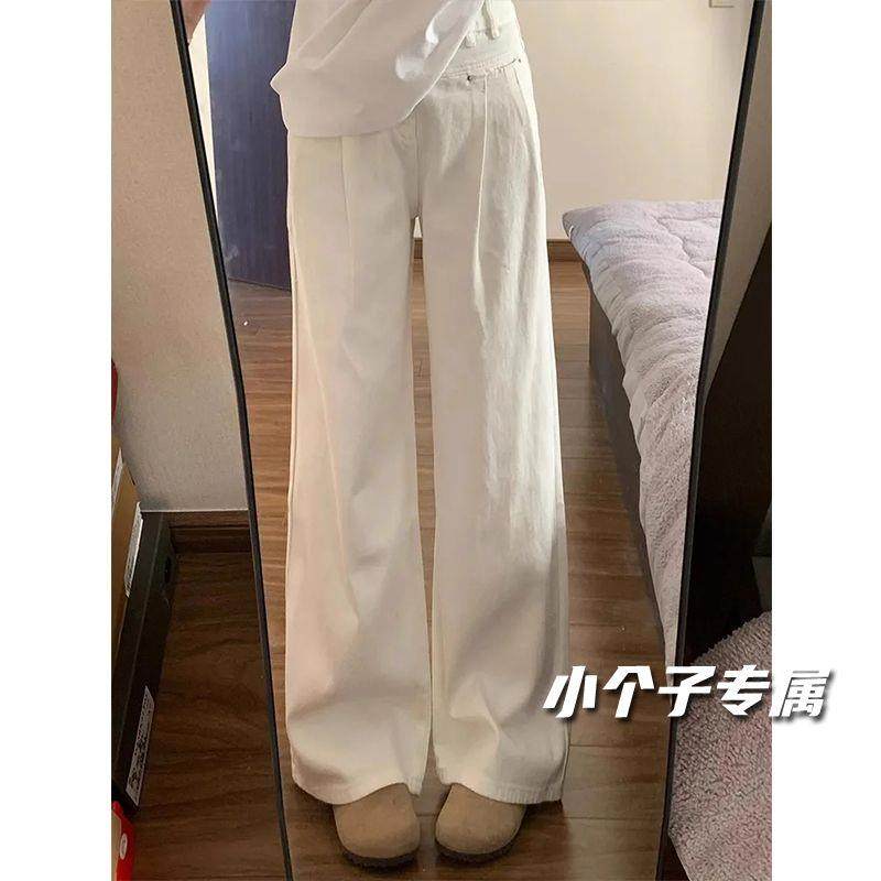 小个子白色裤子女款夏薄款白色牛仔裤高腰直筒阔腿长裤休闲裤