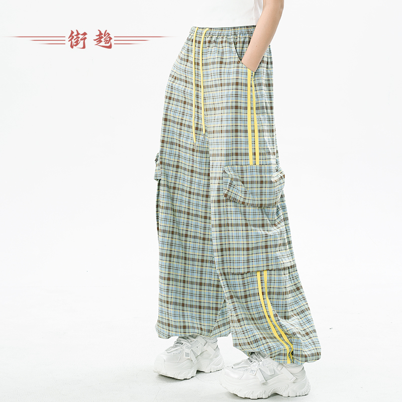 街趋爵士舞阔腿裤子女款夏季休闲裤美式宽松轻薄懒惰风格子长裤潮