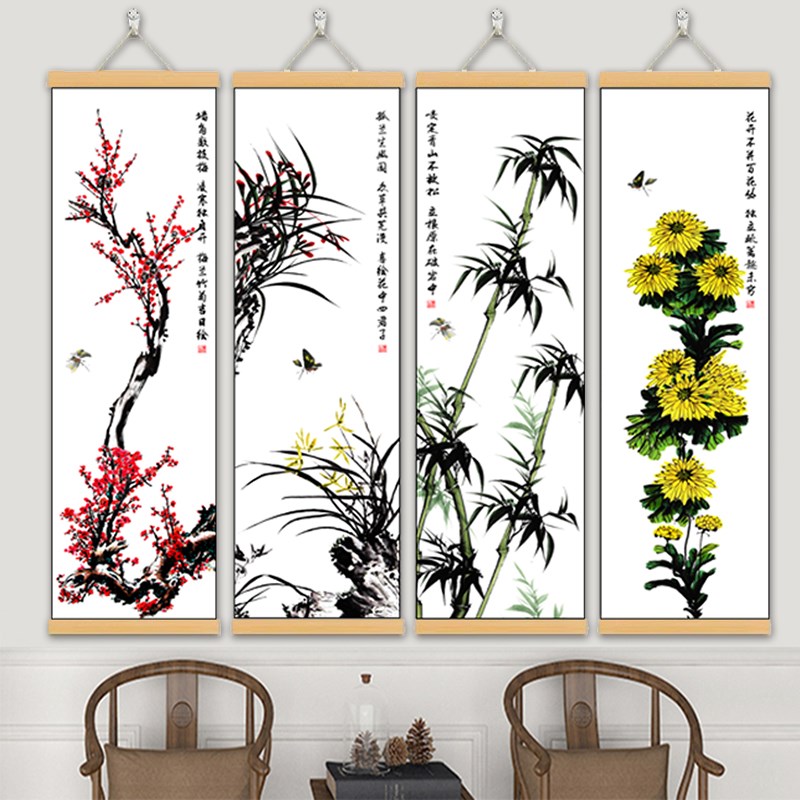 梅兰竹菊画新中式装饰画布艺挂画春夏秋冬国画客厅沙发背景墙壁画图片