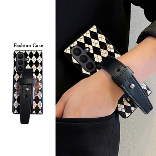 w24 zfold5 w23 w26 尾火虎适用三星ztrifold手机壳三折叠皮纹黑菱格郁金香ins凤复古文艺腕带女高级感zfold7