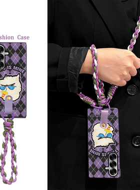 尾火虎适用于三星ztrifold手机壳三折叠紫色菱格猫咪时尚卡通ins日韩风高级感挂绳zfold7/w26/zfold5/w24/w23