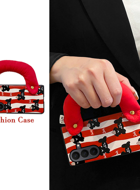 尾火虎适用于三星w26手机壳红色条纹腊肠狗折叠屏皮纹壳翻盖创意时尚ins秋冬款腕带女zfold7/zfold6/w25/w24